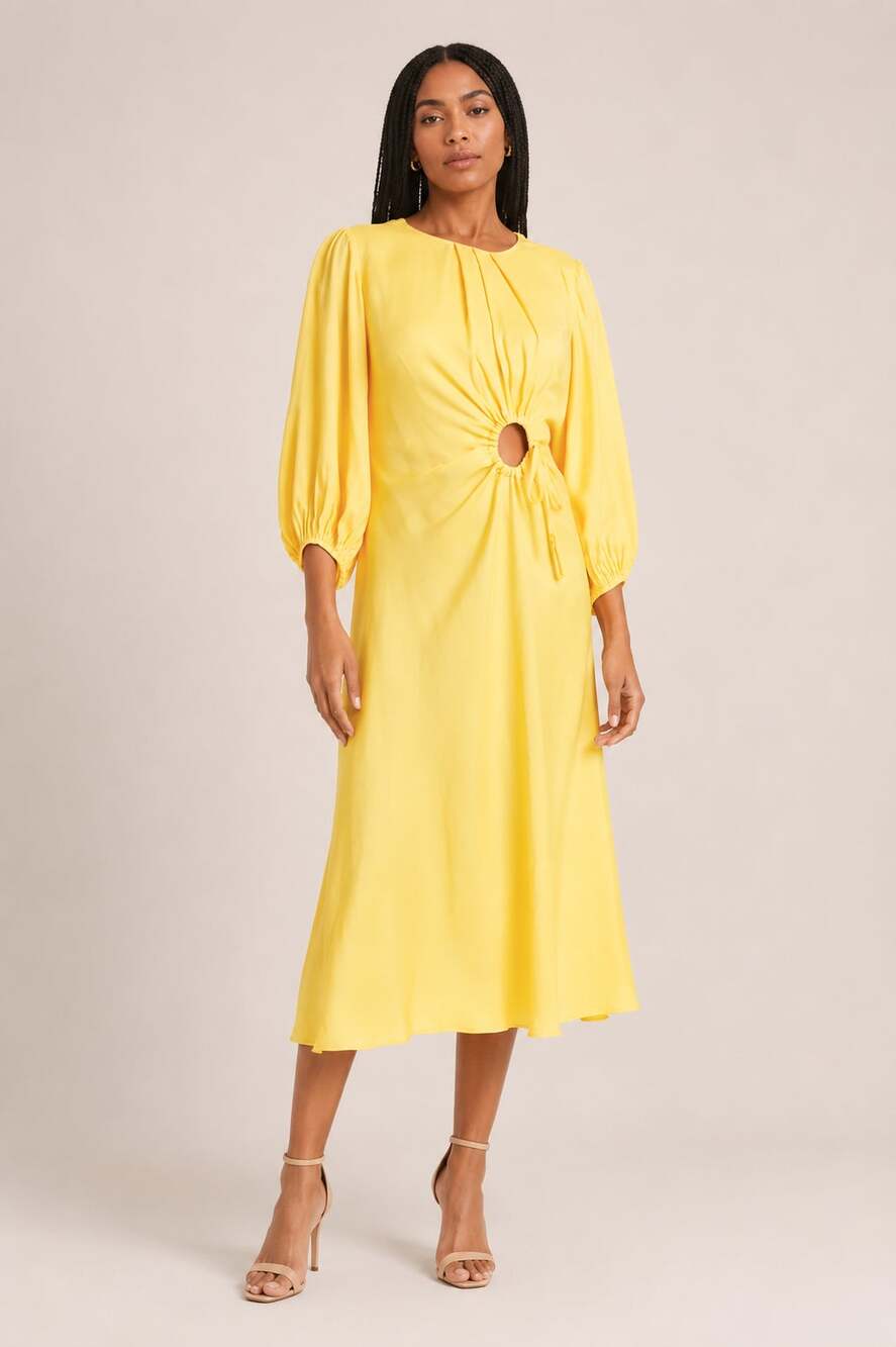 Farm Rio Yellow Piping Cut-Out Balloon Sleeve Midi Dress M NWT